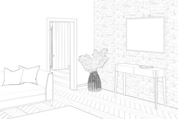 Sketch of the living room with a horizontal poster on a brick wall, an open door, pampas grass in a wicker basket, a sideboard, a soft sofa with two pillows, a carpet on the parquet floor.  3d render