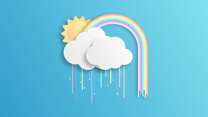 Abstract Rainbow in the rainy season. Paper art design for clouds, sun and rainbow. paper cut and craft design. vector