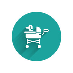 Poster - White Pet stroller icon isolated with long shadow. Green circle button. Vector.