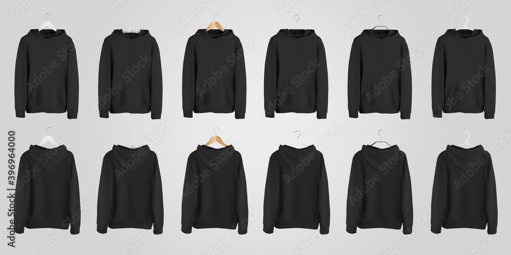 Mockup of a black blank hoodie with a pocket on different hangers, casual sweatshirt for presentation of design, print. - obrazy, fototapety, plakaty 