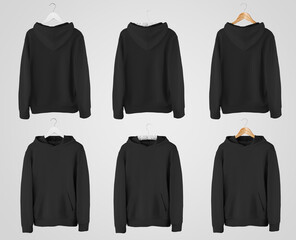 Wall Mural - Black hoodie template with pocket on a wooden, fabric hanger, blank sweatshirt for design presentation, front, back.