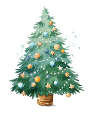 Decorated traditional Christmas tree watercolor illustration hand painted