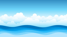 Blue Sea Wave Flowing With White Soft Clouds Cartoon, Sky Background Landscape Vector Illustration.