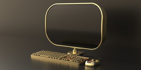 Wall Mural - Computer screen mouse and keyboard, steampunk retro futurism style. 3d illustration