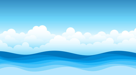 Wall Mural - Blue sea wave flowing with white soft clouds cartoon, sky background landscape vector illustration.