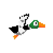Pixel Flying Duck Image. Vector Illustration Of Cross Stitch Pattern.