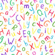 © Belchatina - Crayon alphabet pattern. Children drawing style color letters collection. Hand drawn wax crayons font on white background. Isolated chalk style abc. Bright colorful crayon symbols. Chalk styled type.