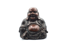 Closeup Of Wooden Statue Of Chinese Buddha On White Background