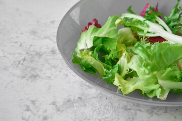 Close up of vegetarian herb salad made from green and red lettuce leaves in plate on gray concrete background with copy space.Healthy and wholesome food.Concept of healthy lifestyle, food preparation.