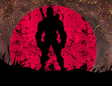 Illustrated Silhouette Of Superman  On Red Moon Light, With Blood Moon .