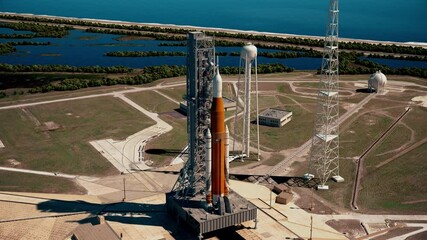 Wall Mural - big heavy rocket (space launch system) on launchpad. full 3d animation. 4k. ultra high definition. 3