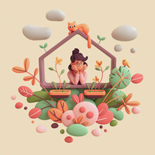 Charming Kawaii Brunette Girl Leans On The Windowsill, Resting Her Chin On Her Hands, Looks Out At Yellow Bird. Floating Balcony With Orange Cat, Green Red Leaves Bushes. 3d Render On Beige Backdrop