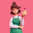 © roman3d - Portrait of smiling positive casual brunette girl in glasses wearing green apron, white t-shirt makes korean love sign, finger heart gesture. I Love You. Minimal art style. 3d render on pink backdrop.