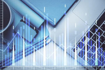 Fototapete - Double exposure of forex graph drawing over desktop background with computer. Concept of financial analysis. Top view.