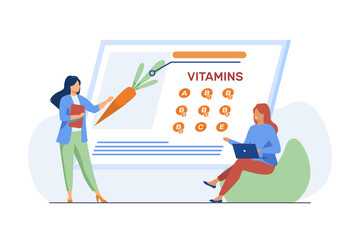 Wall Mural - women studying vitamins in organic food. nutritionist presenting fresh vegetable on screen flat vect