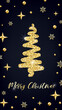 © Ketmut - Merry Christmas gold greeting card vertical banner template. Hand drawn Christmas tree with glitter effect on black decorated background. New Year Vector illustration for social media design, web, app