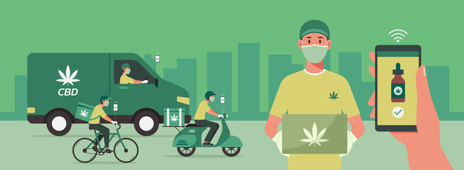 CBD delivery concept, delivery men on vihecles on the way and holding box waiting for customer, human hand using phone with mobile app order cannabis online, smart logistic, vector flat illustration