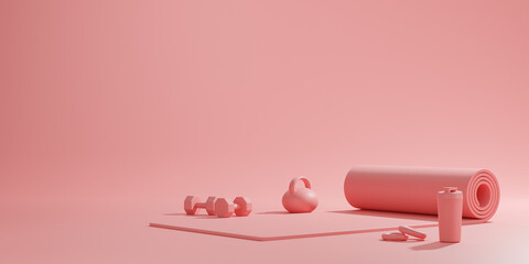 Sport fitness equipment, yoga mat, kettlebell ,bottle of water, dumbbells in pink color.female concept, 3D rendering.