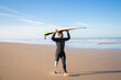 © Mangostar - Male surfer wearing artificial limb and wetsuit, walking on beach, carrying surfboard overhead. Full length. Artificial limb and active lifestyle concept