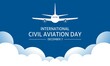 Vector illustration of civil airplane with blue sky and white clouds as background, as a banner or poster on international civil aviation day.