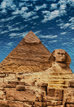 Stunning View Of Giza Pyramids Complex With The Great Sphinx. Located Southwest Of Cairo, This Ancient Egyptian Wonder Is One Of The World Biggest Tourist Attractions. Oil Paint Filter.