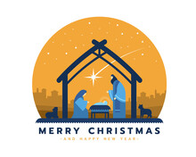 Merry Christmas - The Birth Of Jesus Banner With Nightly Christmas Scenery Mary And Joseph In A Manger With Baby Jesus In Circle Vector Design