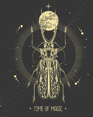 Wall Mural - Modern magic witchcraft card with moon and Sabertooth Longhorn beetle. Hand drawing occult vector illustration