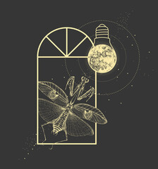 Wall Mural - Magic witchcraft window silhouette with praying mantis  and full moon like light bulb. Vector illustration