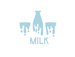 Silhouette bottle and glass of milk and milk text flat vector illustration isolated on white background