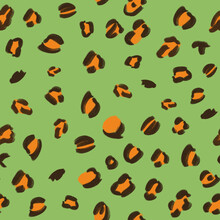 Hand-drawn Brown And Orange Animalistic, Brindle Seamless Pattern On Green Pistachio Background. Print, Packaging, Passport, Stationery, Cover, Wallpaper Design.