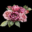 Pink roses and tulips isolated on black background. Floral arrangement, bouquet of garden flowers. Can be used for invitations, greeting, wedding card.