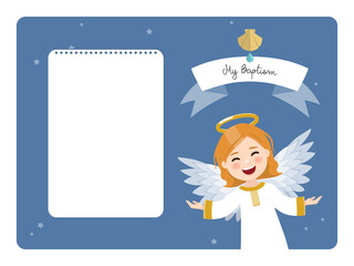 Wall Mural - Flying angel. Baptism horizontal invitation on blue sky and stars background. Vector illustration