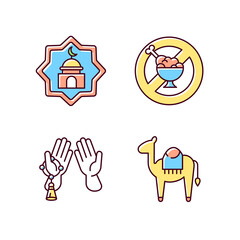 Poster - Traditional muslim symbols RGB color icons set. Strong desert camel. Praying hands with religious rosary thing. Ramadan traditions. Isolated vector illustrations