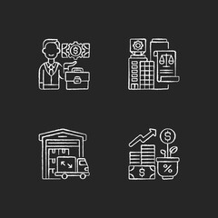 Wall Mural - Commercial business chalk white icons set on black background. Trading and financial services. Businessman, legal entity, warehouse and profit growth. Isolated vector chalkboard illustrations