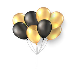 Wall Mural - Gold black balloons. 3d realistic happy holidays flying air helium ballon mock up. Black friday new year birthday party poster card design