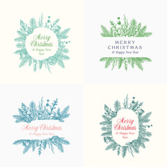 Canvas Print - Merry Christmas Abstract Botanical Logos or Cards with Frame Banner and Modern Typography Collection. Hand Drawn Spruce or Pine Branches and Flowers Emblems Set. Greeting Layouts. Isolated