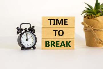 Time to break. Wooden blocks with words 'time to break'. White table. Black alarm clock and house plant. Beautiful white background. Copy space. Business and time to break concept.