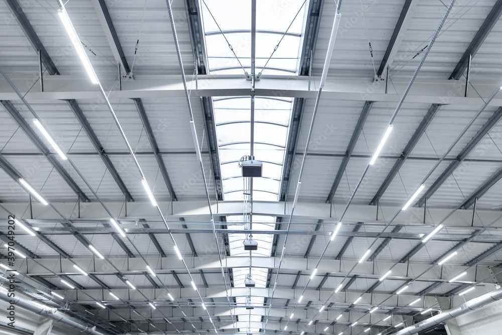 large industrial hall - transport warehouse - modern LED lighting - obrazy, fototapety, plakaty 