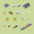 The beautiful isometric vector set of Port terminal elements, container ship, bulk ship, truck, forklift, gantry crane, jib crane, RTGs, reefer rack, container box, port gate, warehouse, and buildings