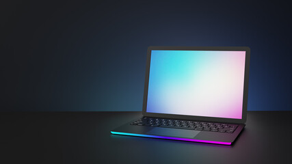 laptop computer with blue pink lighting and blank screen place on dark background. 3d illustration i