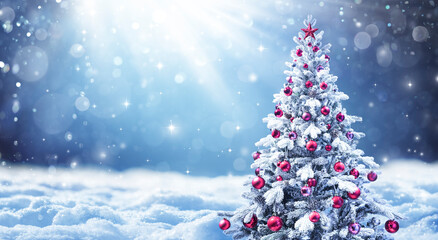 Wall Mural - snowy christmas tree with red balls in a winter landscape