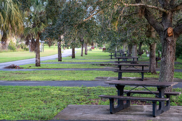 rows of empty picnic tables in a campground in florida
