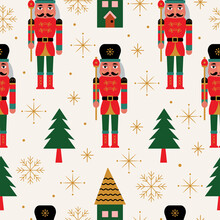 Seamless Christmas Pattern With Nutcracker And Christmas Tree In Vector. 