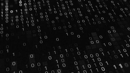 Black and white background with code zero and one. Animation. Binary code on black background. Failure in binary code system. Programming using binary code