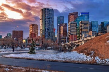 Wall Mural - Cloudy Winter Sunrise Over Downtown Calgary