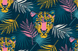 Tropical seamless pattern with palm leaves and leopard.