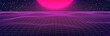 Synthwave sunset. 80s style background. Pink grid and sun. Dark sky with stars. Retrowave vector poster template
