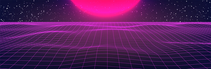 Wall Mural - synthwave sunset. 80s style background. pink grid and sun. dark sky with stars. retrowave vector pos