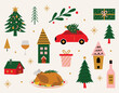 Collection of Christmas Elements featuring Christmas trees, houses, food and more.