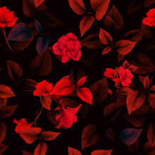 Seamless Background Pattern. Leaves With Red Flowers. Dark Red, Digital Illustration. Vector - Stock.